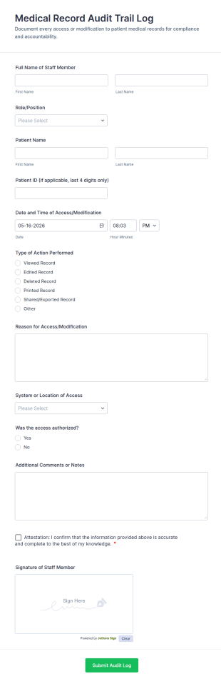 Medical Record Audit Trail Log Form Template