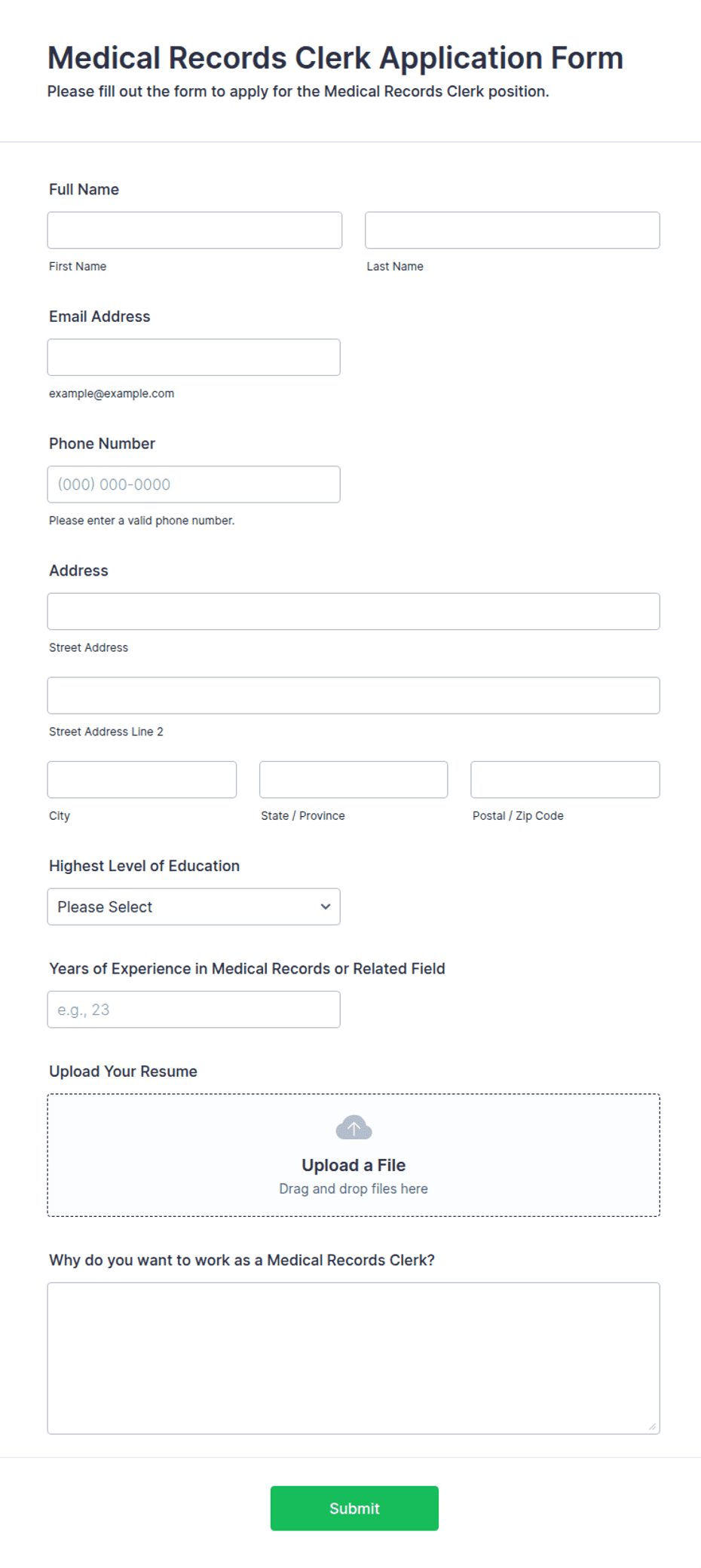 Medical Records Clerk Application Form Template | Jotform