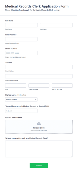 Medical Records Clerk Application Form Template