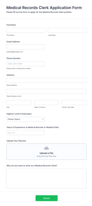Medical Records Clerk Application Form Form Template