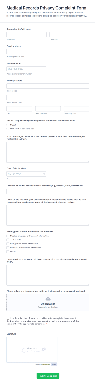 Medical Records Privacy Complaint Form Template