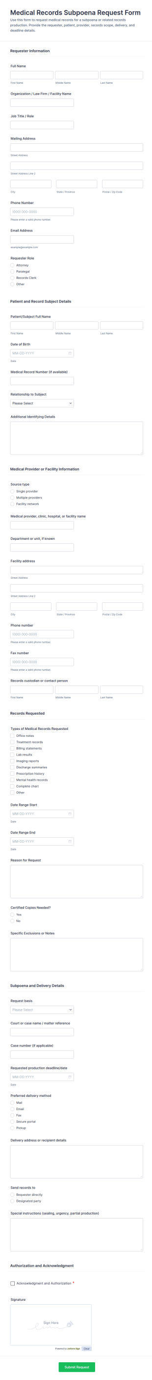 Medical Records Subpoena Request Form Template