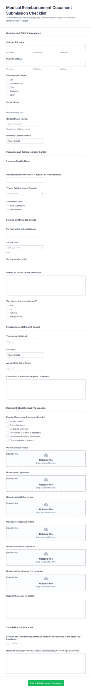 Medical Reimbursement Document Submission Checklist Form Template
