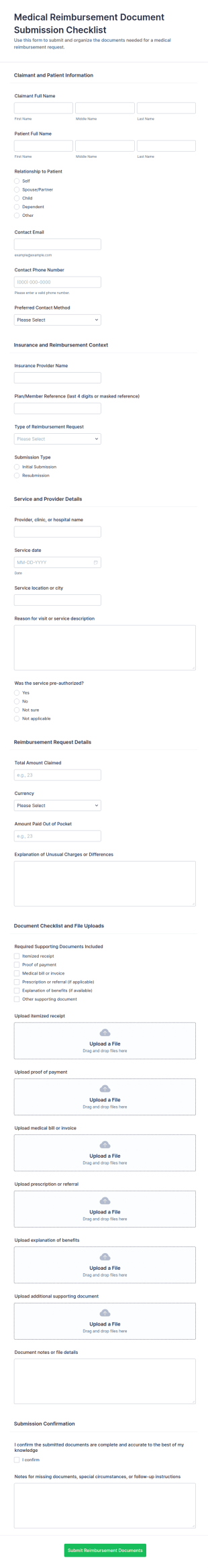 Medical Reimbursement Document Submission Checklist Form Template