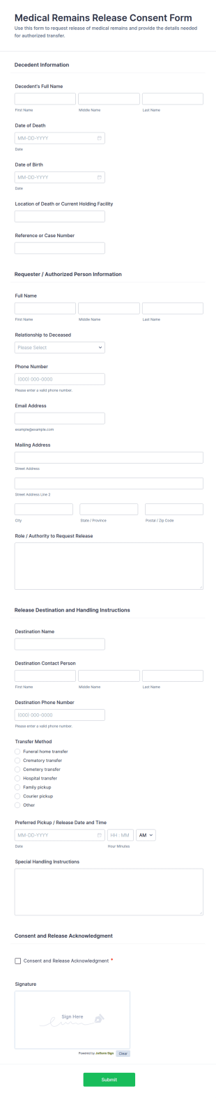 Medical Remains Release Consent Form Template