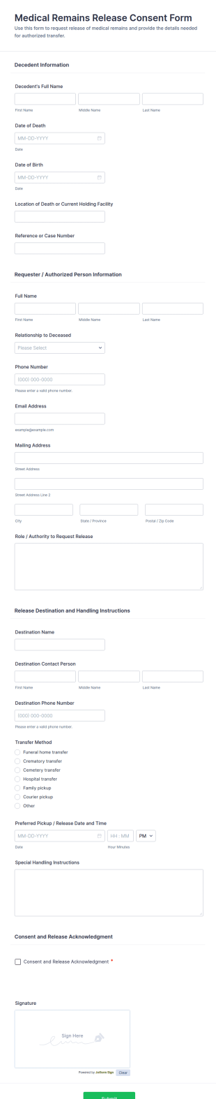 Medical Remains Release Consent Form Template
