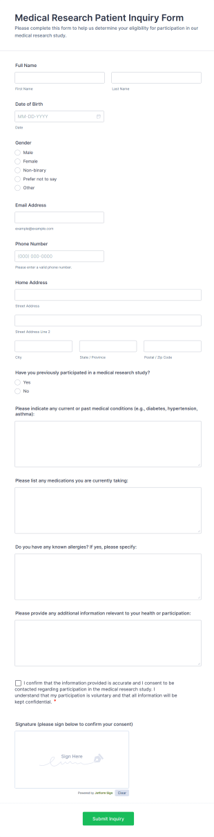 Medical Research Patient Inquiry Form Template