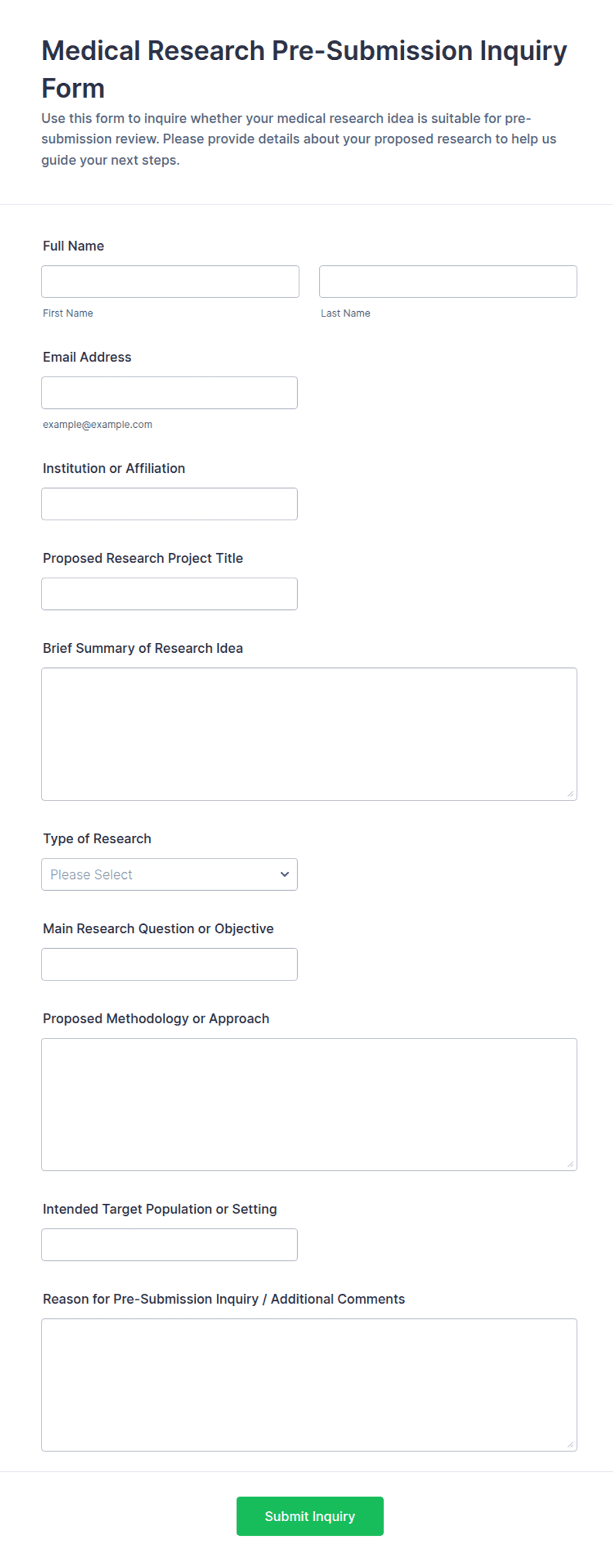Medical Research Pre-Submission Inquiry Form Template | Jotform