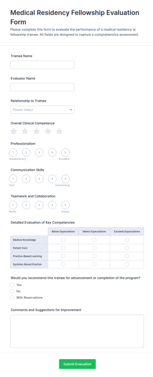 Medical Residency Fellowship Evaluation Form Template