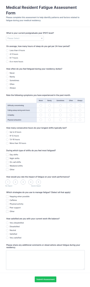 Medical Resident Fatigue Assessment Form Template