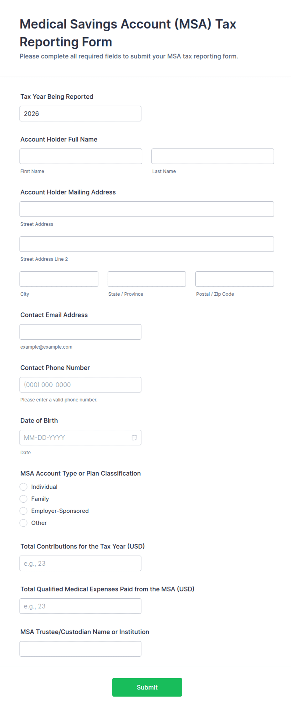 Medical Savings Account (MSA) Tax Reporting Form Template | Jotform