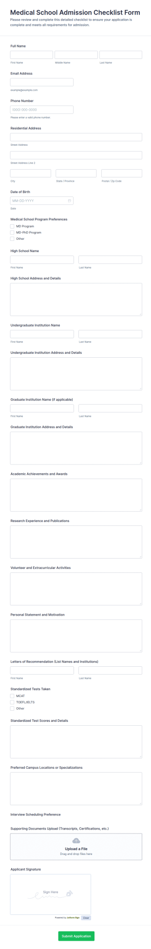 Medical School Admission Checklist Form Template