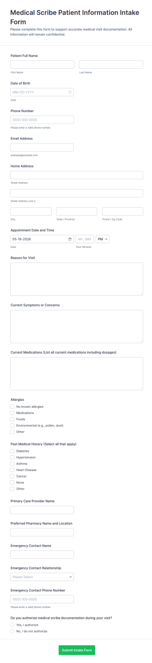 Medical Scribe Patient Information Intake Form Template