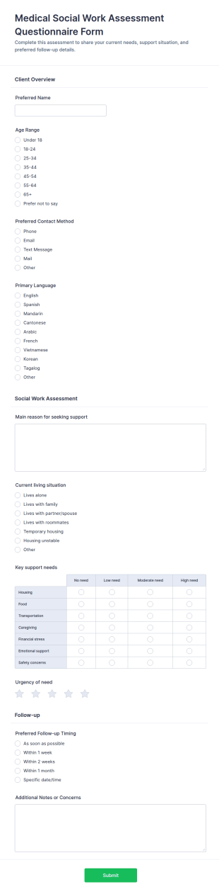 Medical Social Work Assessment Questionnaire Form Template