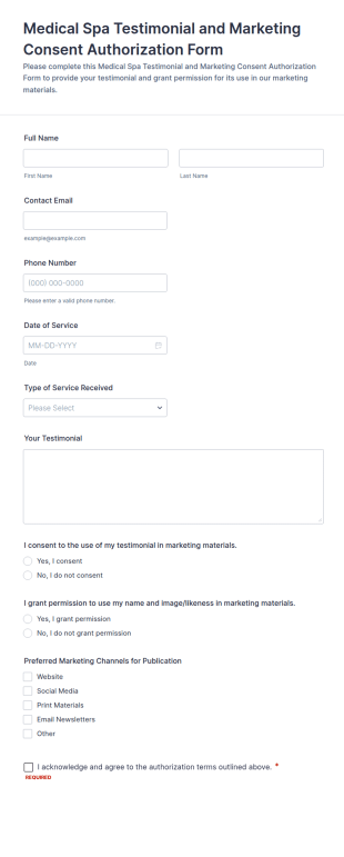 Medical Spa Testimonial And Marketing Consent Authorization Form Template