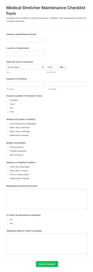 Medical Stretcher Maintenance Checklist Form Template
