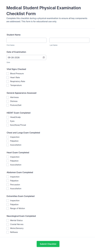 Medical Student Physical Examination Checklist Form Template