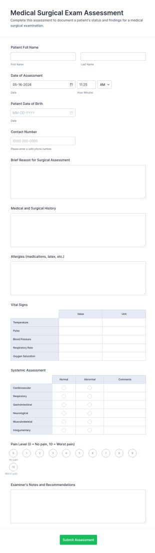 Medical Surgical Exam Assessment Form Template