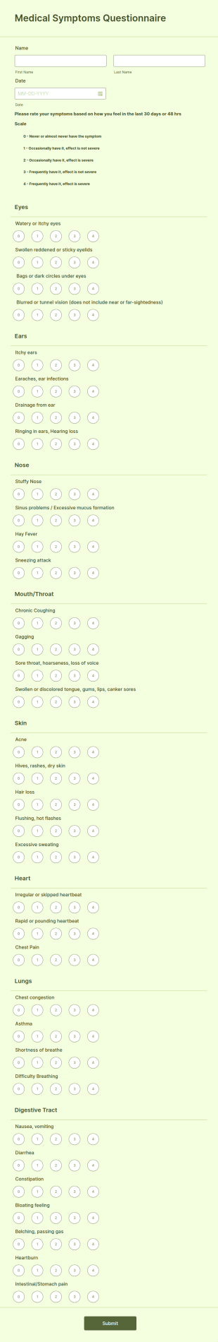 Medical Symptoms Questionnaire Form Template