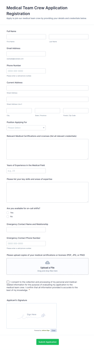 Medical Team Crew Application Registration Form Template