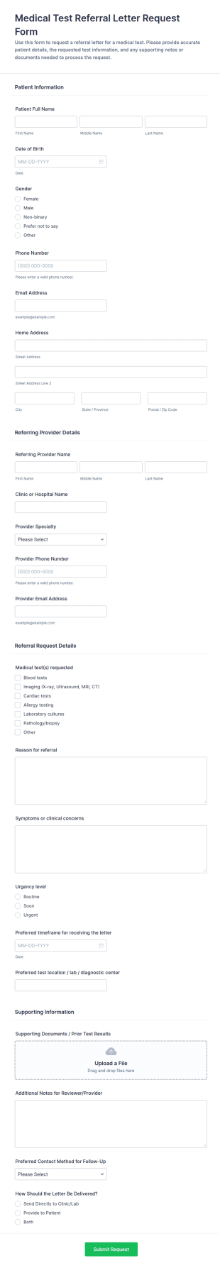 Medical Test Referral Letter Request Form Template