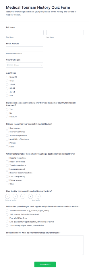 Medical Tourism History Quiz Form Template