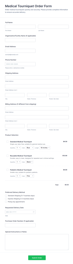 Medical Tourniquet Order Form Template