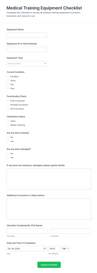Medical Training Equipment Checklist Form Template