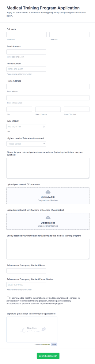 Medical Training Program Application Form Template
