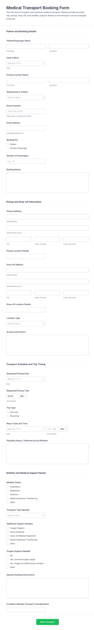 Medical Transport Booking Form Template
