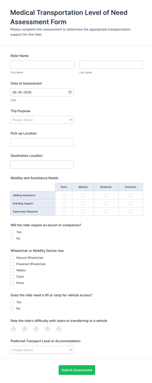 Medical Transportation Level Of Need Assessment Form Template