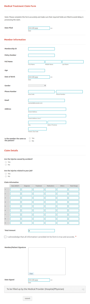 Medical Treatment Claim Form Template