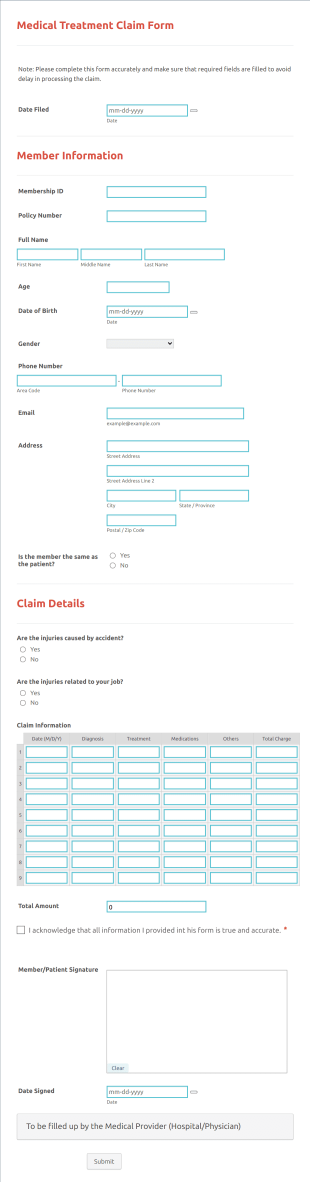 Medical Treatment Claim Form Template