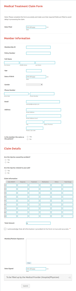 Medical Treatment Claim Form Template
