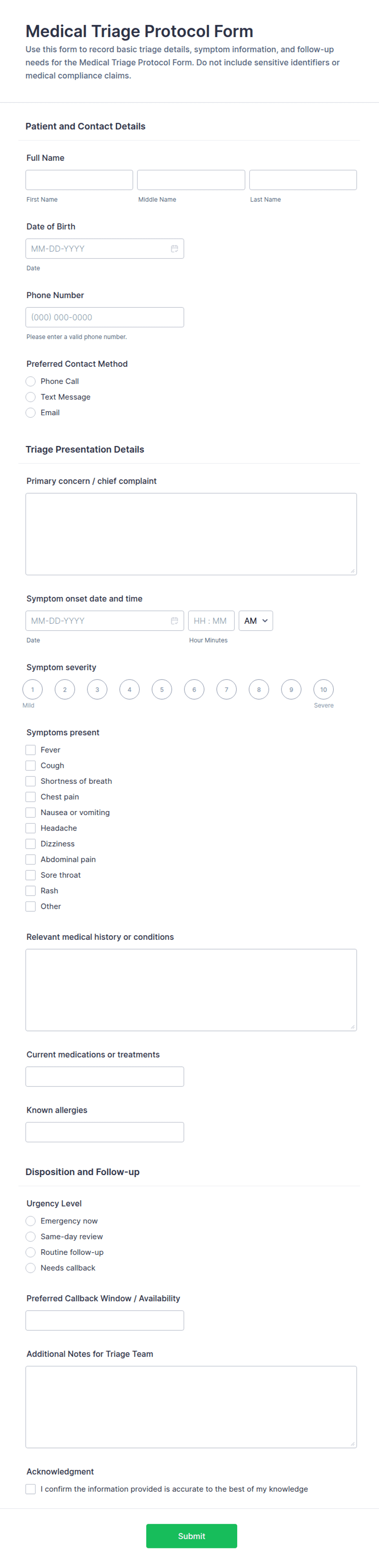 Medical Triage Protocol Form Template | Jotform