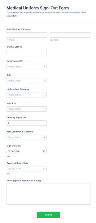 Medical Uniform Sign Out Form Template