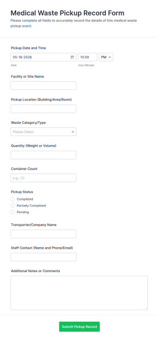 Medical Waste Pickup Record Form Template