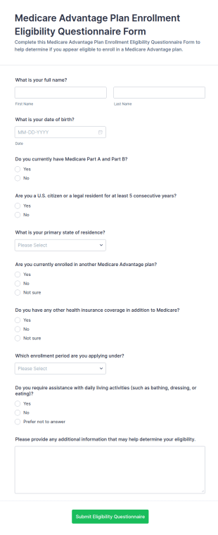 Medicare Advantage Plan Enrollment Eligibility Questionnaire Form Template