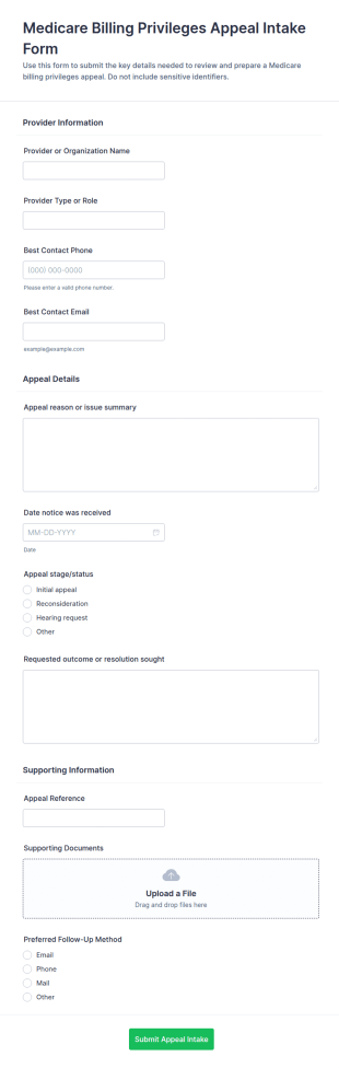 Medicare Billing Privileges Appeal Intake Form Template