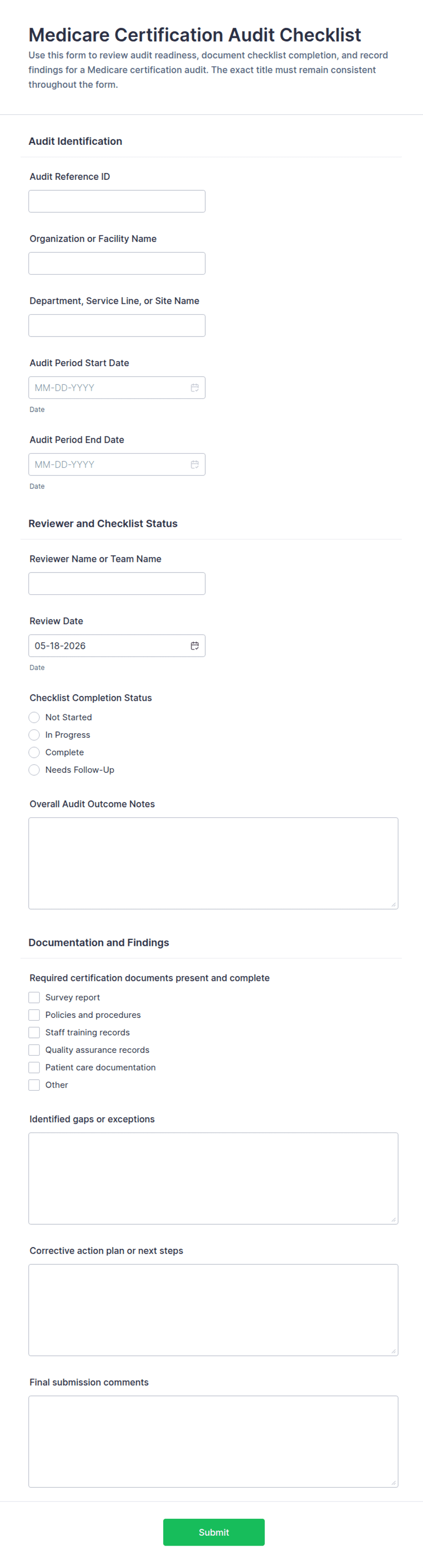 Medicare Certification Audit Checklist Form Template | Jotform