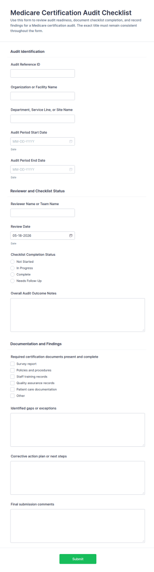 Medicare Certification Audit Checklist Form Template
