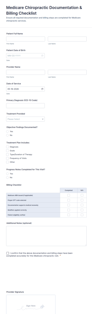 Medicare Chiropractic Documentation & Billing Checklist Form Template