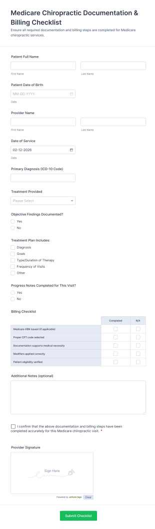 Medicare Chiropractic Documentation & Billing Checklist Form Template