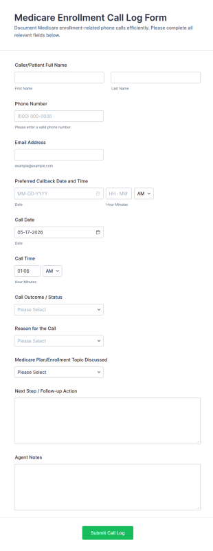 Medicare Enrollment Call Log Form Template