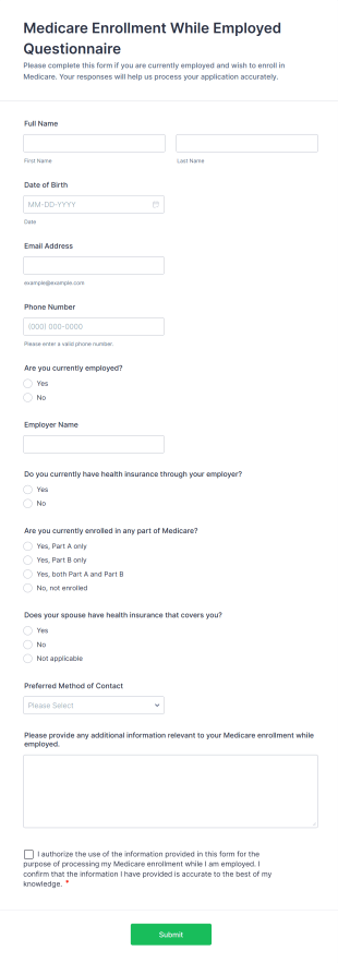 Medicare Enrollment While Employed Questionnaire Form Template