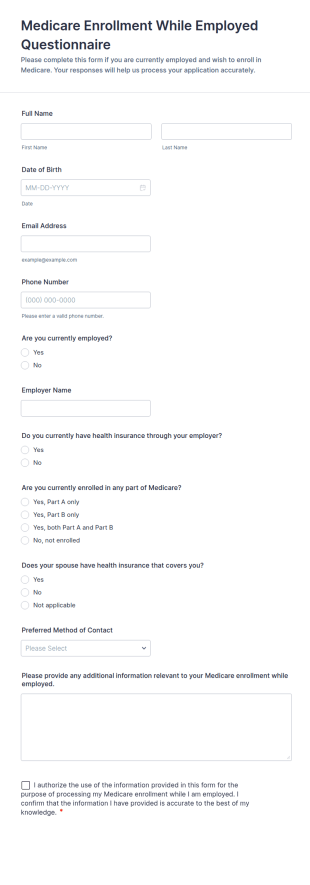 Medicare Enrollment While Employed Questionnaire Form Template