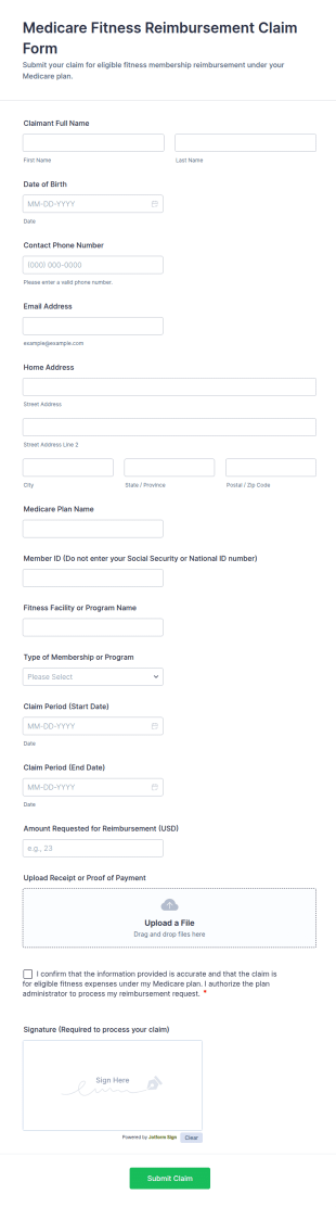 Medicare Fitness Reimbursement Claim Form Template