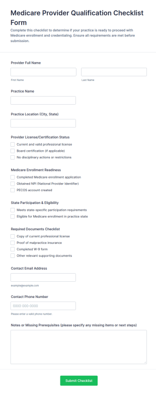 Medicare Provider Qualification Checklist Form Template