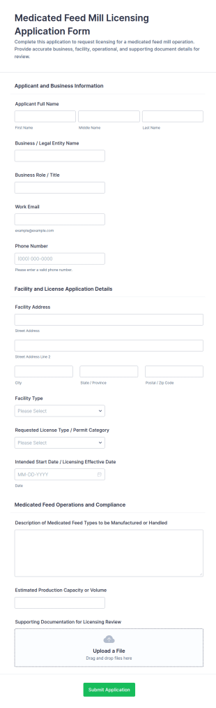 Medicated Feed Mill Licensing Application Form Template