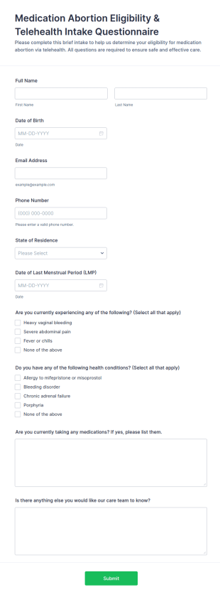 Medication Abortion Telehealth Intake Form Template
